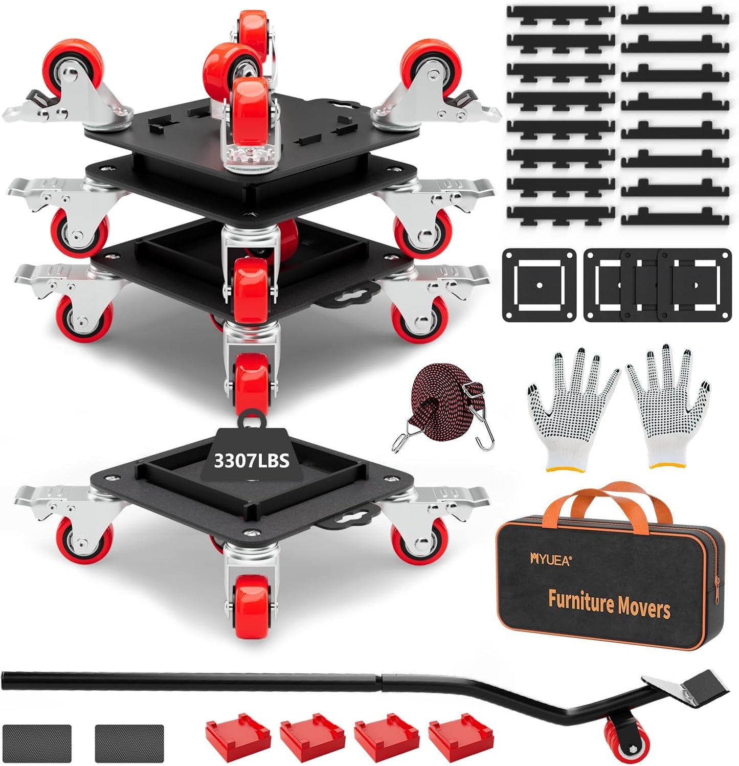 Furniture Dolly 5 Wheels Heavy Duty with Removable Side Guards,3307 Lbs Capacity,360° Rotating Wheels & Tail Brake,Furniture Movers Lifter Tool with Wheels for Appliances,Sofas,Beds,Pianos