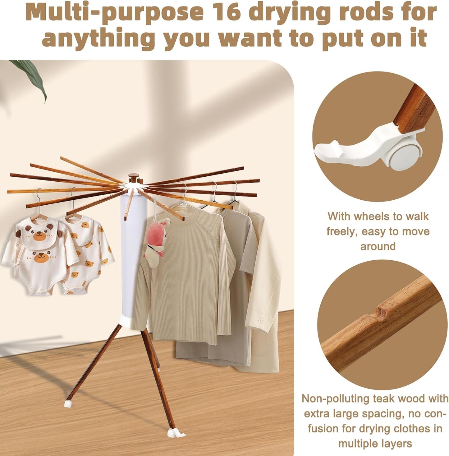 Portable Teak Tripod Clothes Drying Rack, Foldable Space-Saving Design, 16 Waterproof Teak Wood Drying Rods