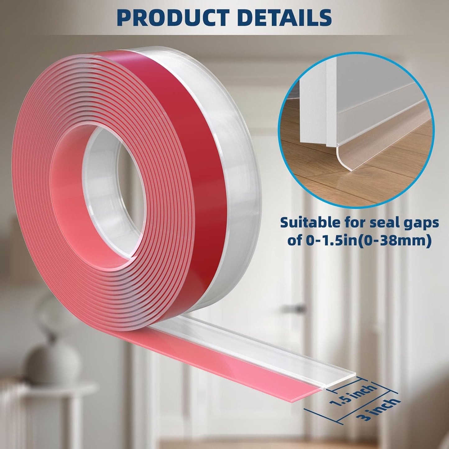 Heavy-Duty 20 ft x 3 in Weather Stripping, Extra Thick 2mm Door Draft Stopper Silicone Seal Strip for House and Glass Shower Doors for Collision and Side Gaps of Door and Windows, Clear
