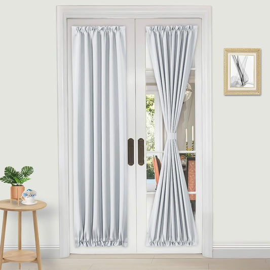 DWCN French Door Curtains – Rod Pocket Thermal Curtain for Doors with Glass Window, Kitchen and Patio Doors for Privacy, 23 X 72 Inches Long, 1 Curtain Panel with Tieback, Greyish White