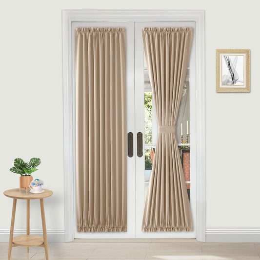 DWCN French Door Curtains – Rod Pocket Thermal Blackout Curtain for Doors with Glass Window, Kitchen and Patio Doors for Privacy, 25 X 72 Inches Long, 1 Curtain Panel with Tieback, Beige