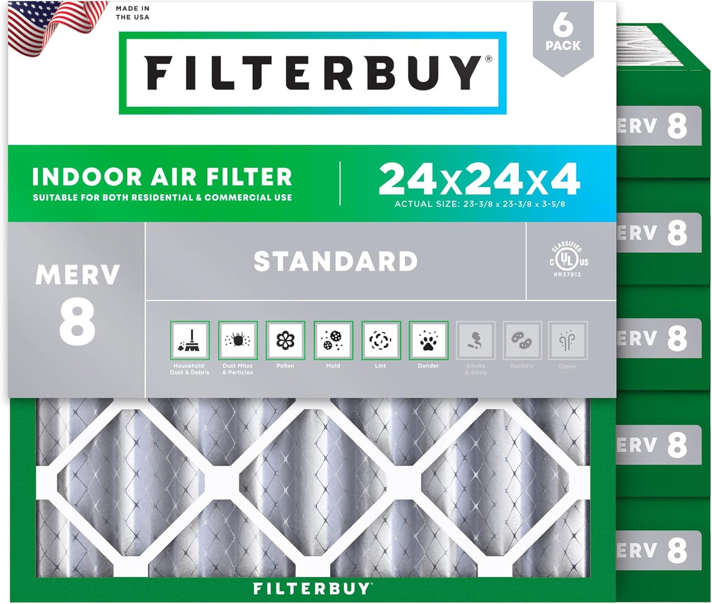 Filterbuy 24x24x4 Air Filter MERV 8 (MPR 700) Dust Defense Replacement (6-Pack), Electrostatic Pleated HVAC AC Furnace Filters, Made in USA (Actual Size: 23.38 x 23.38 x 3.63)