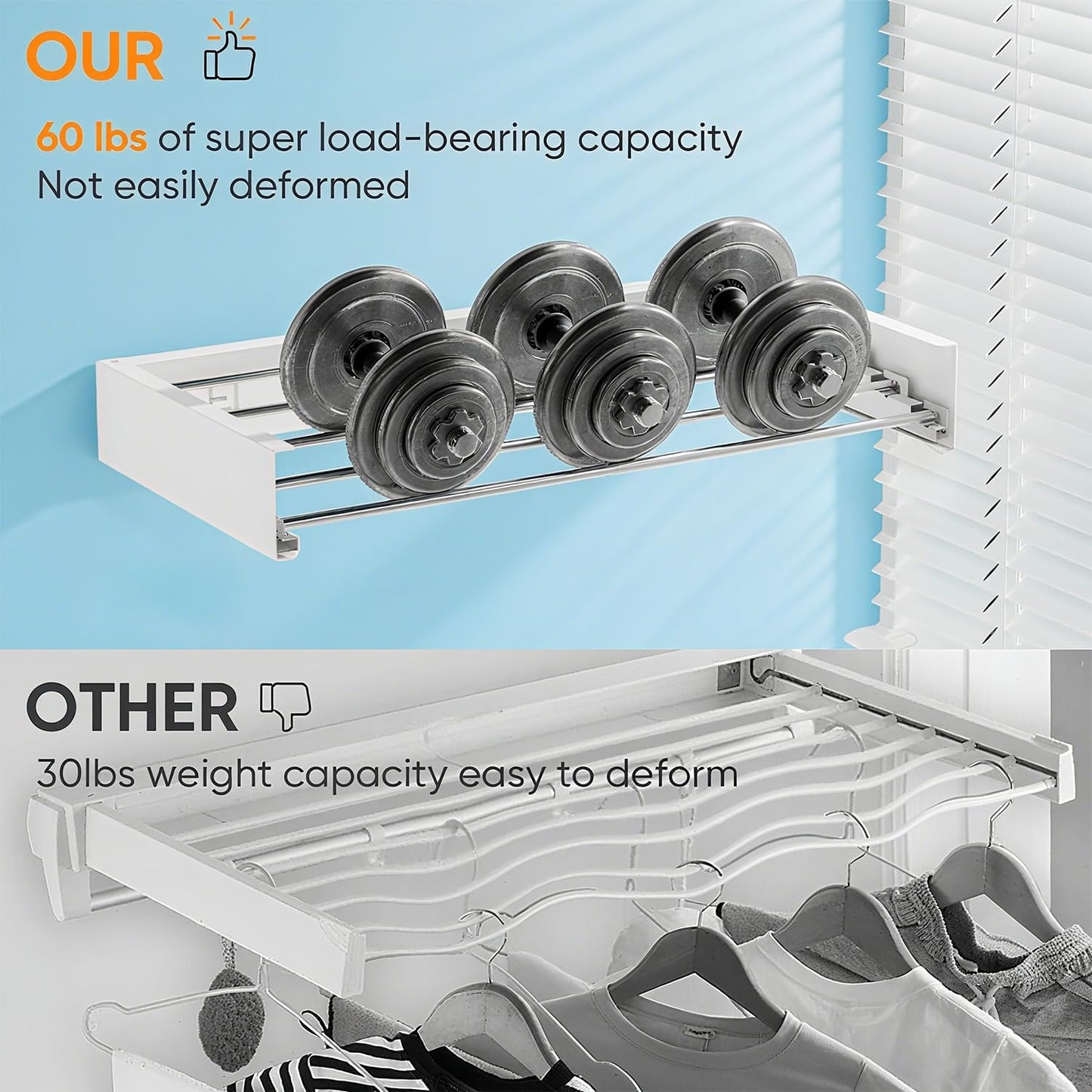 Wall Mounted Clothes Drying Rack, 5 Aluminum Rods, Collapsible, White, 32 inches (White, 32'')