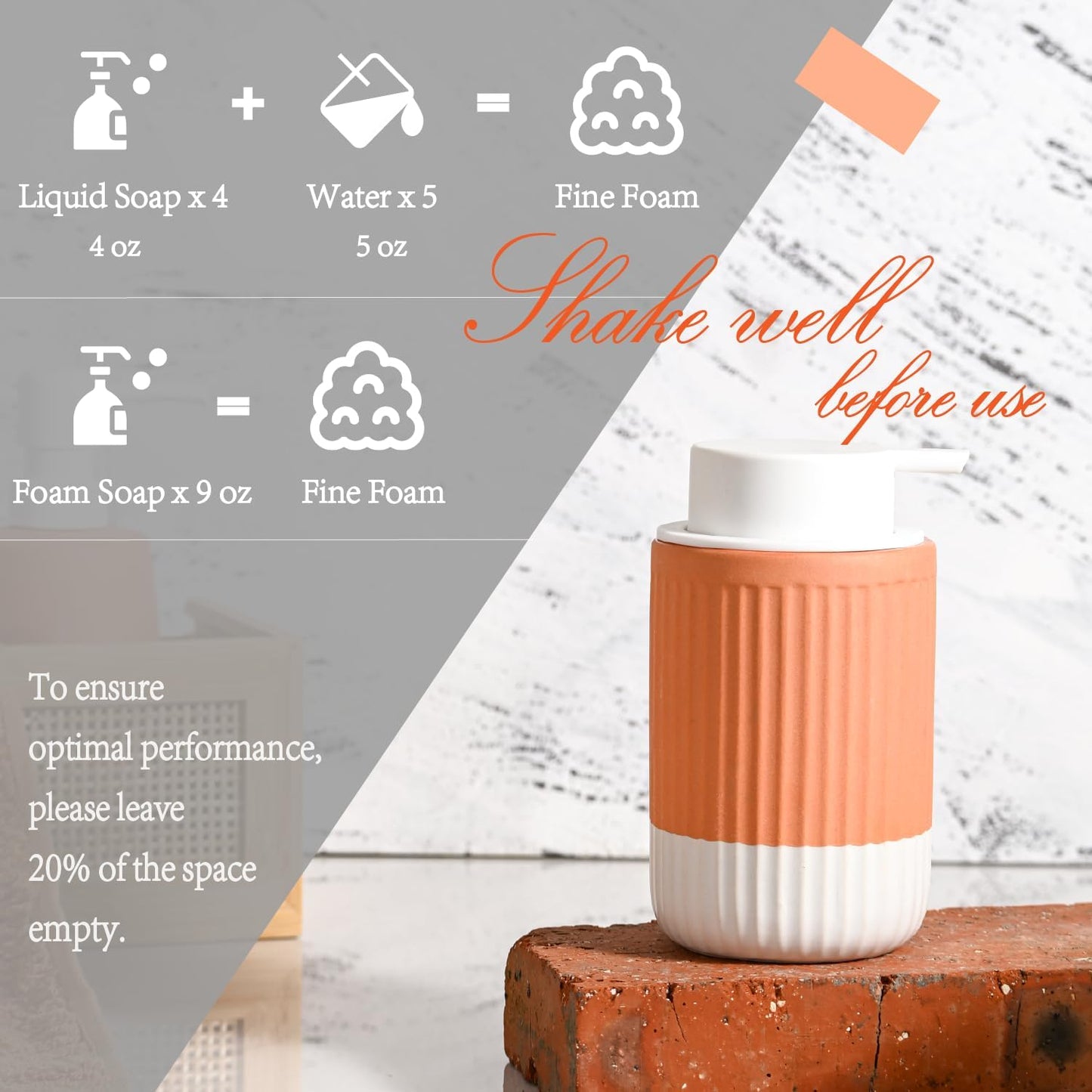 2 Pack Hand Dipped Terracotta Ceramic Foam Soap Dispenser, 12 oz Rippled Bubble-Up Bottle with White Silicone Pump, Refillable Orange Hand Soap Dispenser for Bathroom