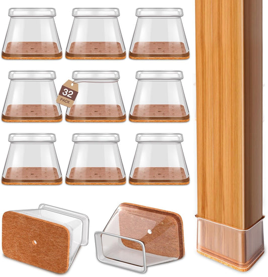 Chair Leg Floor Protectors Rectangle Chair Leg Protectors for Hardwood Floors Silicone Caps Felt Furniture Pads Covers Anti-Scratch Reduce Noise 32 Pack Clear Fit Perimeter 3-3/4'' to 4-7/8''