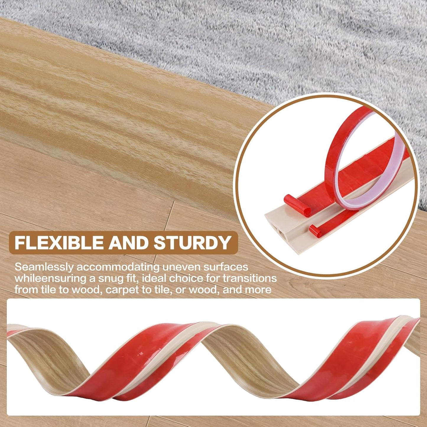 Floor Transition Strip Vinyl Door Threshold Ramp Self Adhesive Carpet Edging Strip Doorway Edge Trim, Overlap Edge Reducer for Laminate Carpet, Floor, Tile (Light Yellow Grain, 2/5" to 3/5", 3.3Ft)