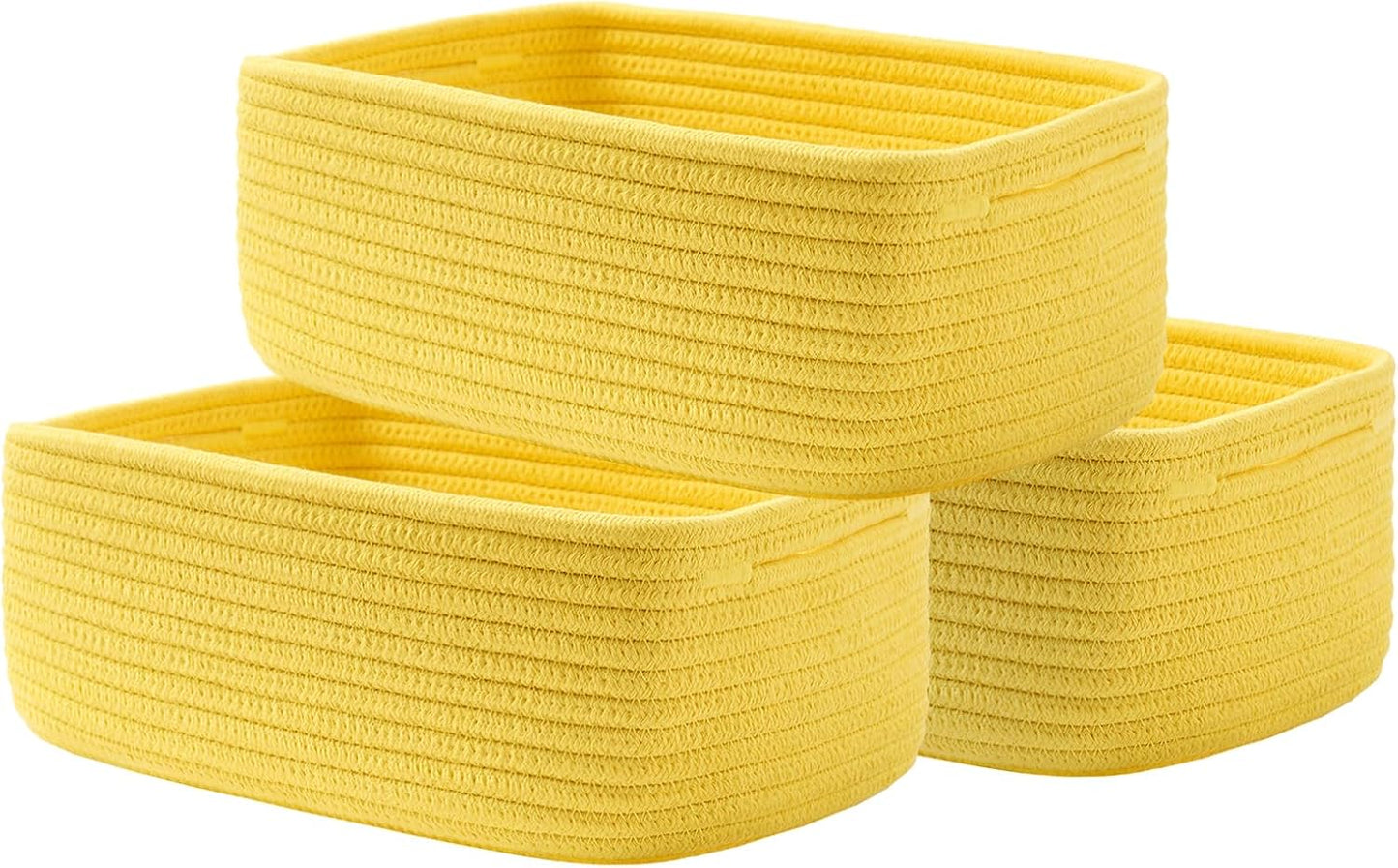 Small Woven Basket, 12 x 8 x 4.5 Inches, Storage Basket for Organizing, Cute Small Rope Shelf Closet Cube Storage Bins Baskets for Shelves, Dog Toy Gift Baskets Empty, 3 Pack Yellow