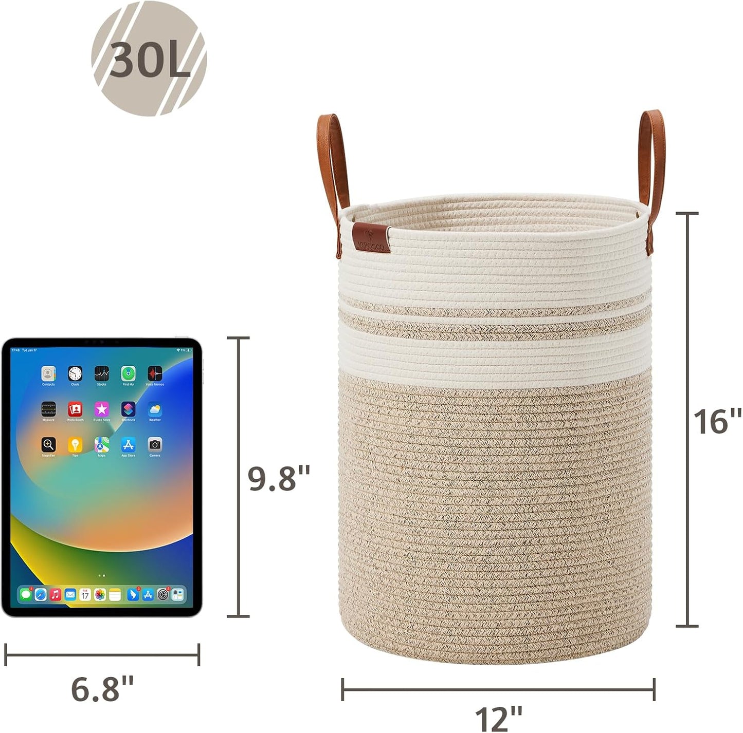 VIPOSCO Small Laundry Basket, Slim Baby Hamper with Leather Handle, Cute Woven Rope Storage Basket for Blanket, Kids Toy, Clothes In Living Room, Bathroom, Bedroom, Nursery Room - 30L Brown & White