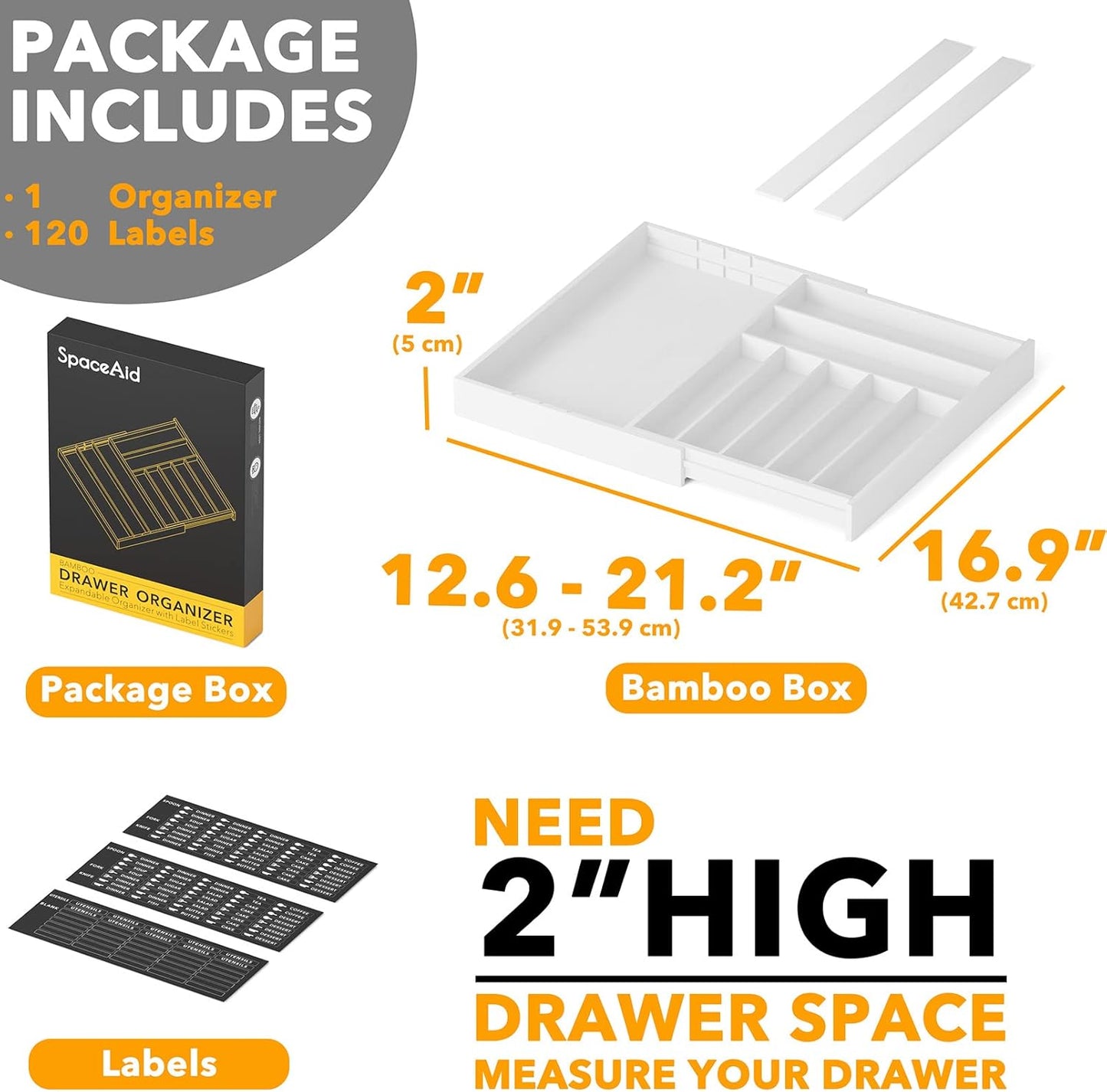 SpaceAid Bamboo Silverware Drawer Organizer with Labels, Kitchen Utensil Expandable Tray Holder Organizer for Flatware, Cutlery, Spoon and Knives Drawer Storage Organization (White, 10 Slots)