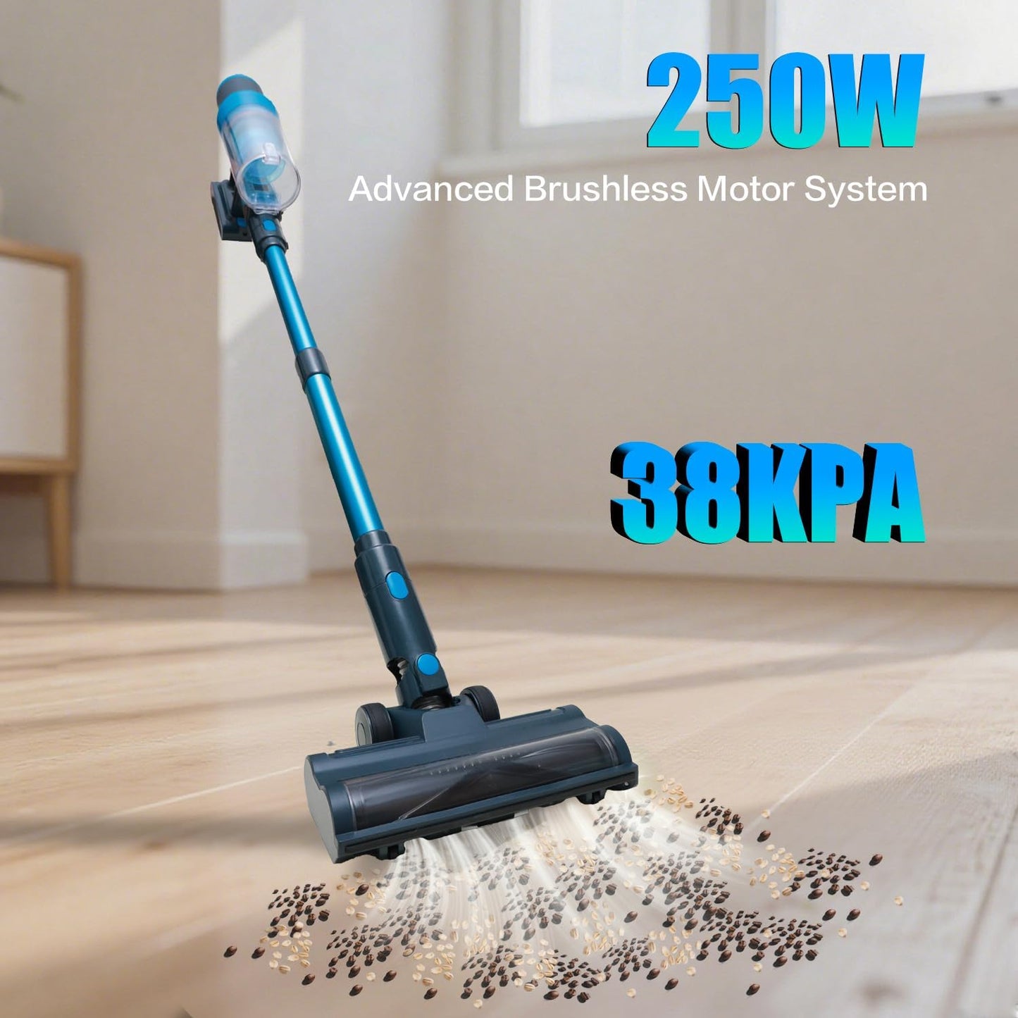 Cordless Vacuum Cleaner, 250W/38kPa/65Mins-8-in-1 Stick Vacuum Cleaners for Home Rechargeable for Pet Hair/Rugs/Hard Floors| 1.2L Dustbin, Anti-Tangle | Self-Standing, Ideal for Car, Apartment