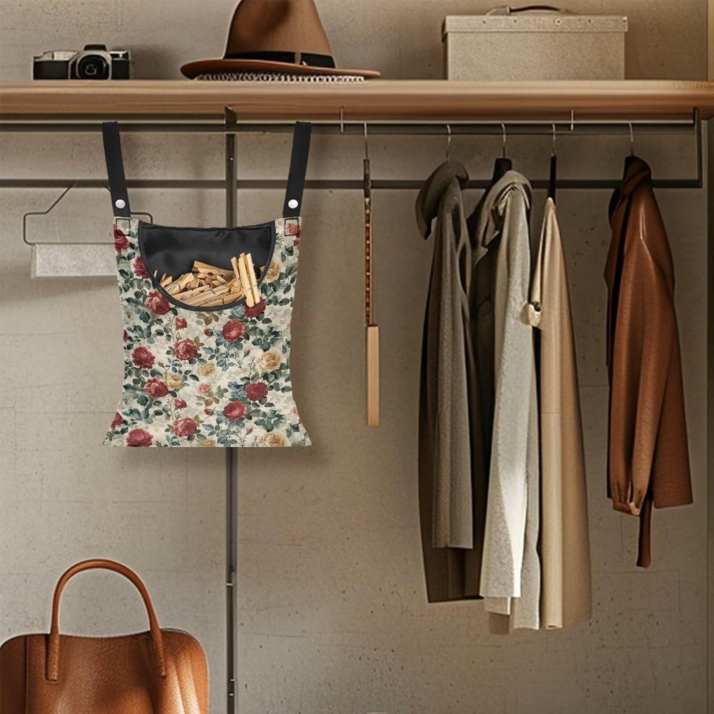 2 Pcs Rose Clothespin Laundry Bag, Clothes Lines for Clothes Outside, Hanging Storage Organizer with Hanging Rope for Home Outdoor