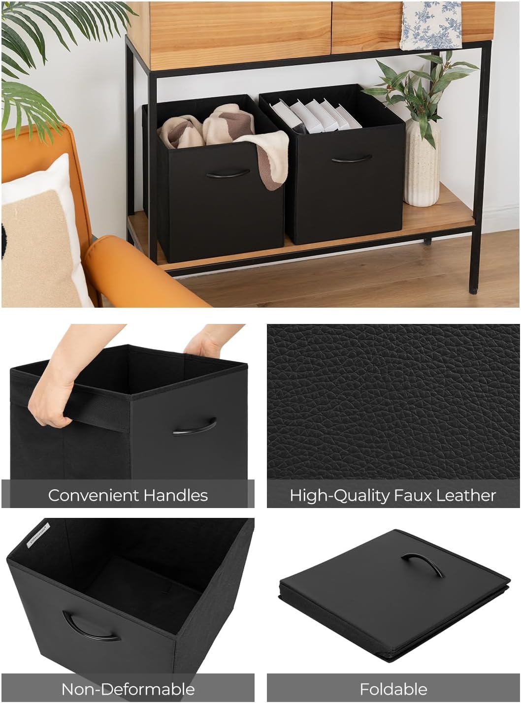 StorageWorks Black Storage Cubes, 13-inch Leather Bins with Handle, Cube Organizer Baskets for Shelves and Closet, Collapsible Storage Bins, 4-Pack