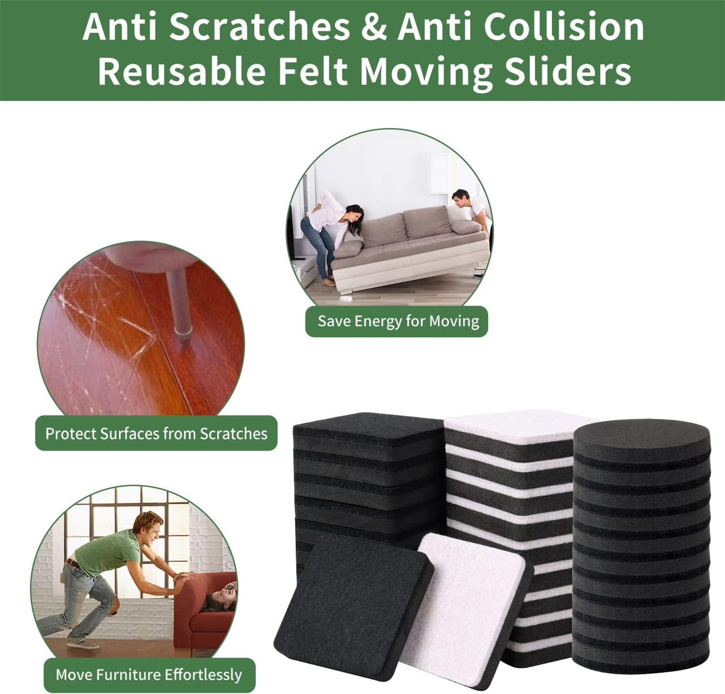 Ezprotekt 2.5" Felt Furniture Movers Sliders for Hardwood Floors, 24 Pcs Reusable Round Felt Furniture Moving Pads for Sofa Desk Couch Cabinet, Furniture Glides Easily and Quickly (Black)