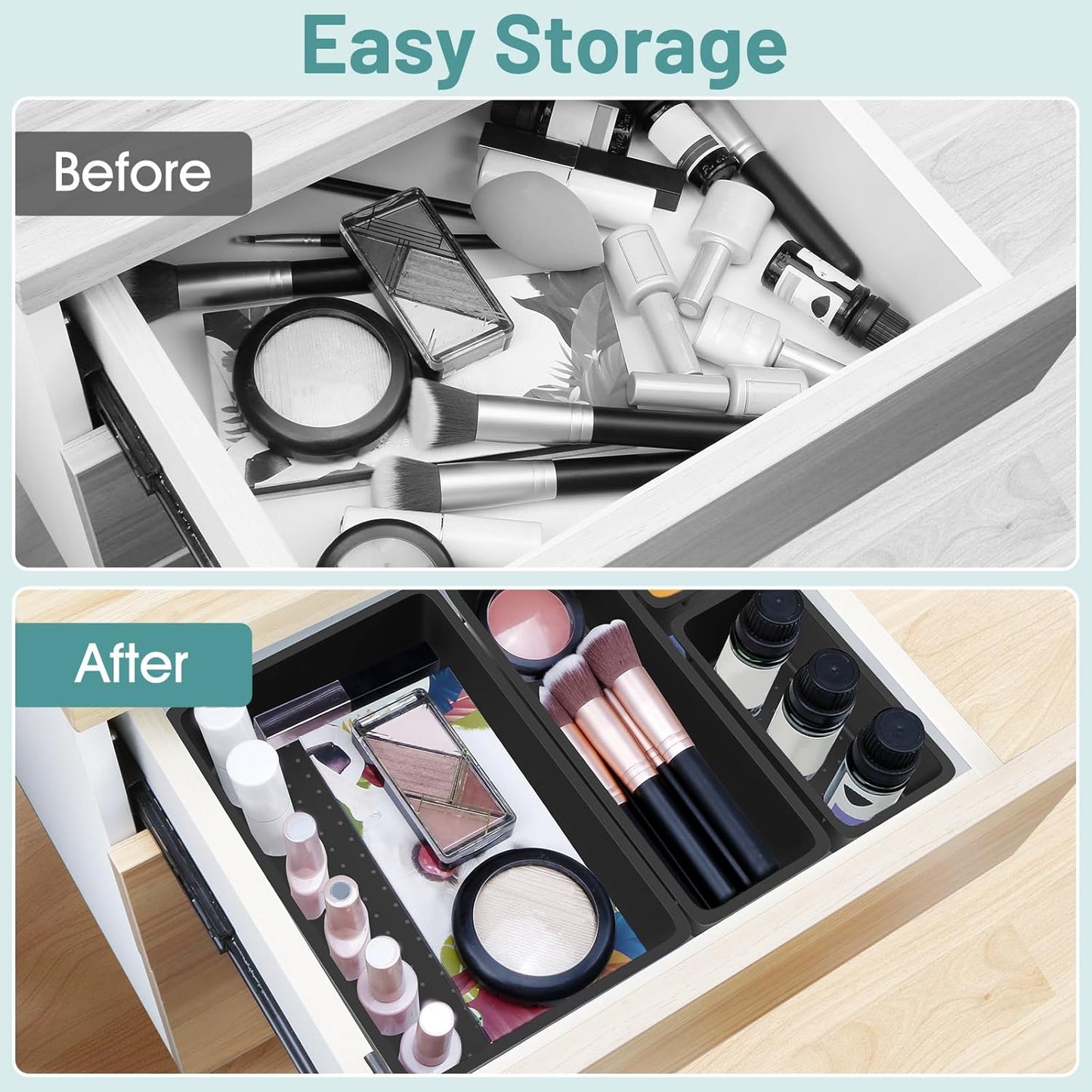 WOWBOX 25 PCS Plastic Drawer Organizer Set, Desk Drawer Divider Organizers and Storage Bins for Makeup, Jewelry, Gadgets for Kitchen, Bedroom, Bathroom, Office, Deep Black