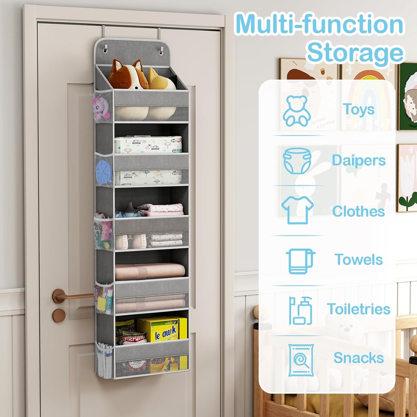 LAMU 5 Tier Over the Door Organizer Hanging, 5 Large Pockets and 10 Side Pockets Behind Door Storage for Baby Toys, 44lbs Back of Door Organizers Shelf for Closet, Nursery and Bathroom, 2 Pack (Grey)