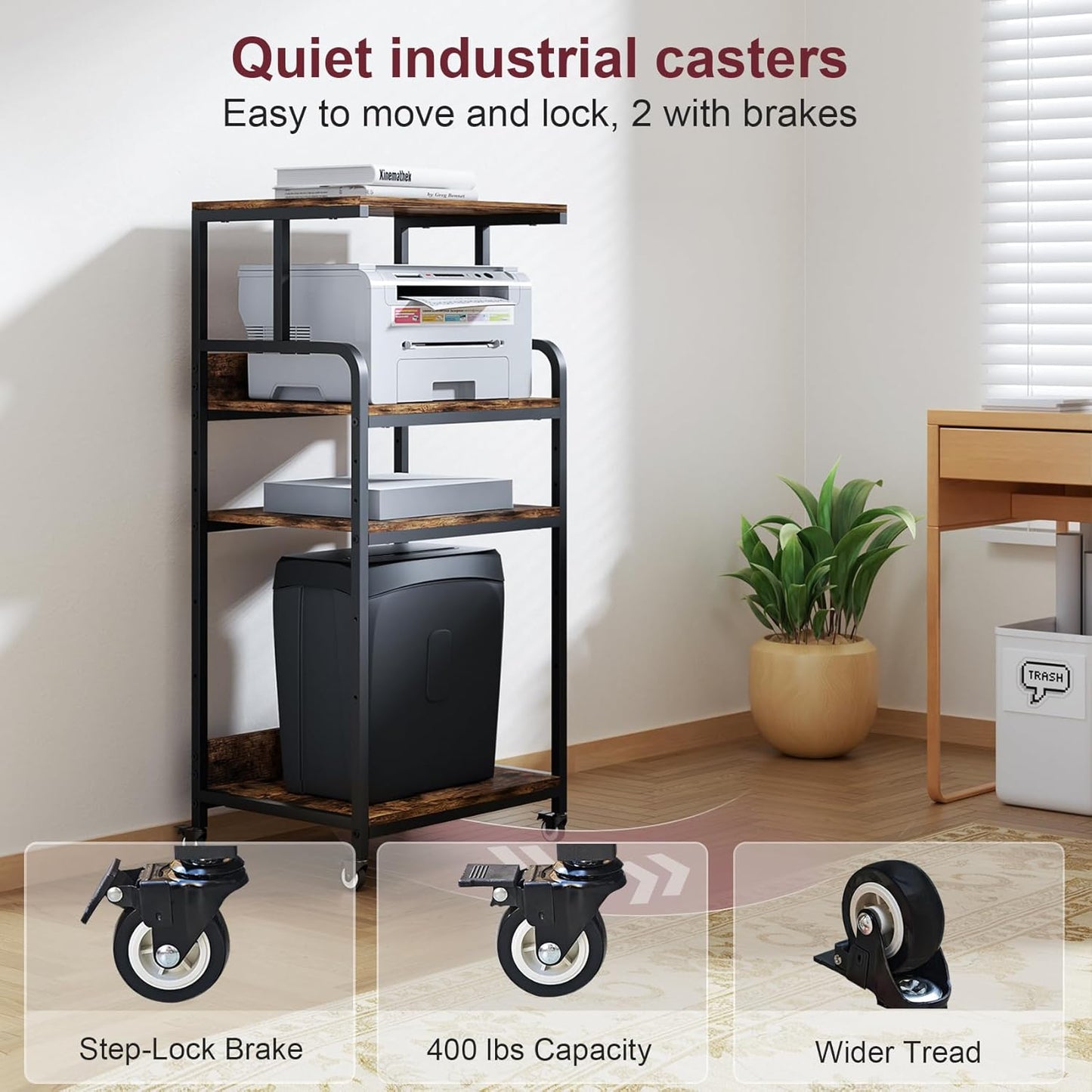 4 Tier Printer Stand with Storage Shelf, Large Tall Printer Table for Home Office, Movable Printer Cart with Industrial Wheels for Paper Shredder Scanner Fax Heat Press Small Space (Rustic Brown)