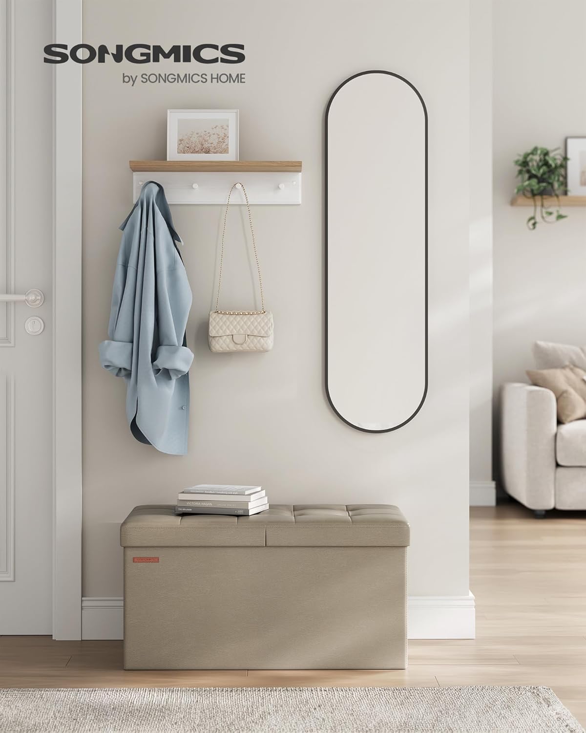 SONGMICS MAZIE Collection - 30 Inches Storage Ottoman Bench with Flipping Lid, Storage Chest Footstool, Load 660 lb, for Entryway, Living Room, Bedroom, Synthetic Leather, Camel Brown ULSF045K03