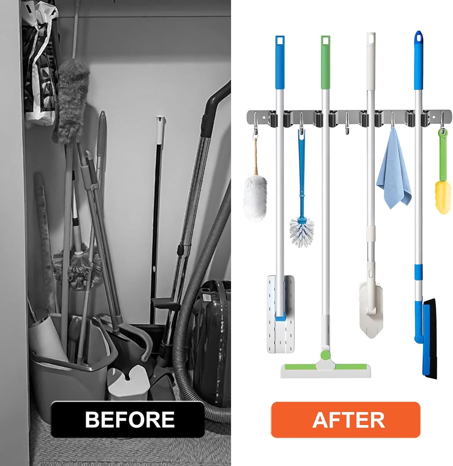 ZONGOOL 4 Racks and 5 Hooks Broom Holder Wall Mount Mop Hanger Wall Mounted Mop and Broom Storage Tool Rack Stainless Steel Garage Organization Garden Kitchen Home Laundry Organizer (Silver)