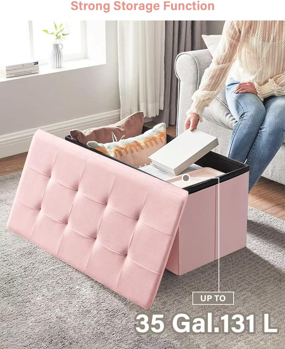 Folding Storage Ottoman, Velvet Storage Bench, Footrest, Removable Divider, for Living Room, Bedroom, 15 x 43 x 15 Inches, 660 lb Load Capacity, Jelly Pink UASND02P