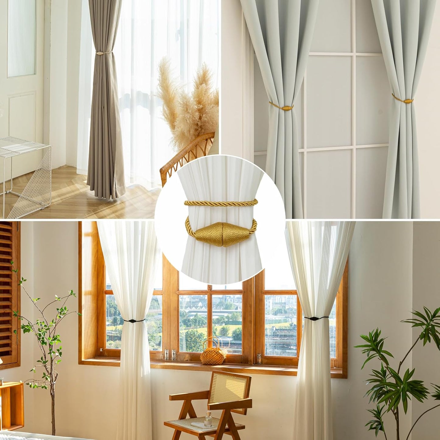 Magnetic Curtain Tiebacks 2 Pack Outdoor Rope Curtain Tie Backs Decorative Window Treatment Holdbacks for Home Decorative Curtain, Gold