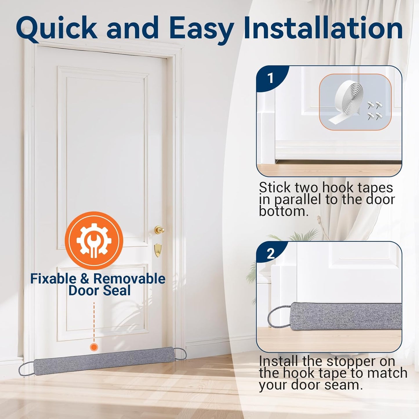 Door Draft Stopper for Bottom of Door, 36’’ Heavy Duty Under Door Draft Blocker Gap Filler, Door Seal for Noise Light Cold Air, with Adhesive Strips, Dark Gray