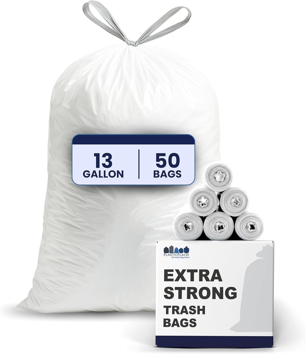 Plasticplace 13 Gallon Trash Bags │ 1.2 Mil │ White Extra-Large Drawstring Garbage Can Liners │ 24" x 31" (50 Case)