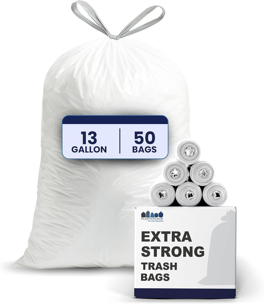Plasticplace 13 Gallon Trash Bags │ 1.2 Mil │ White Extra-Large Drawstring Garbage Can Liners │ 24" x 31" (50 Case)