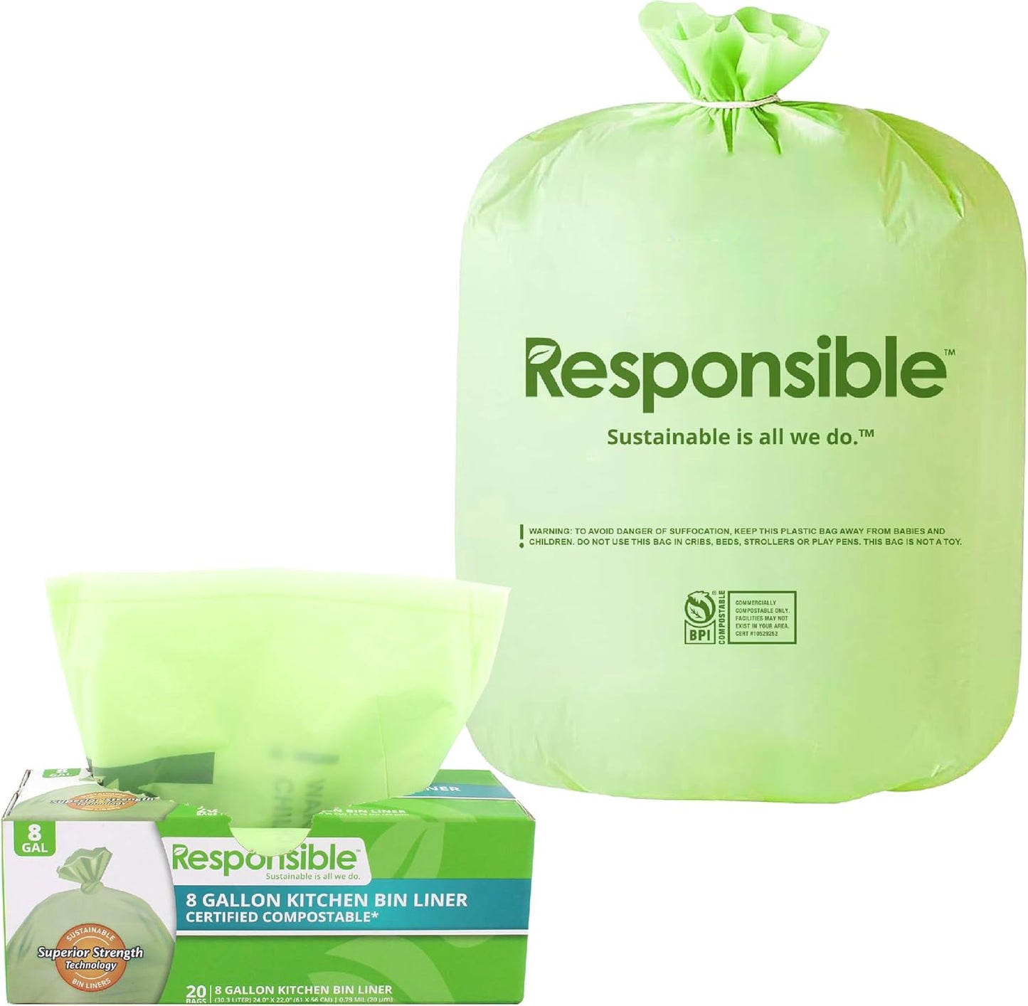 Responsible Products Kitchen Bin Liners, Certified Compostable, Heavy Duty Multipurpose Food Scrap Bags, Made from Compostable Materials (8 Gallon, 8 Gallon (20 Count))