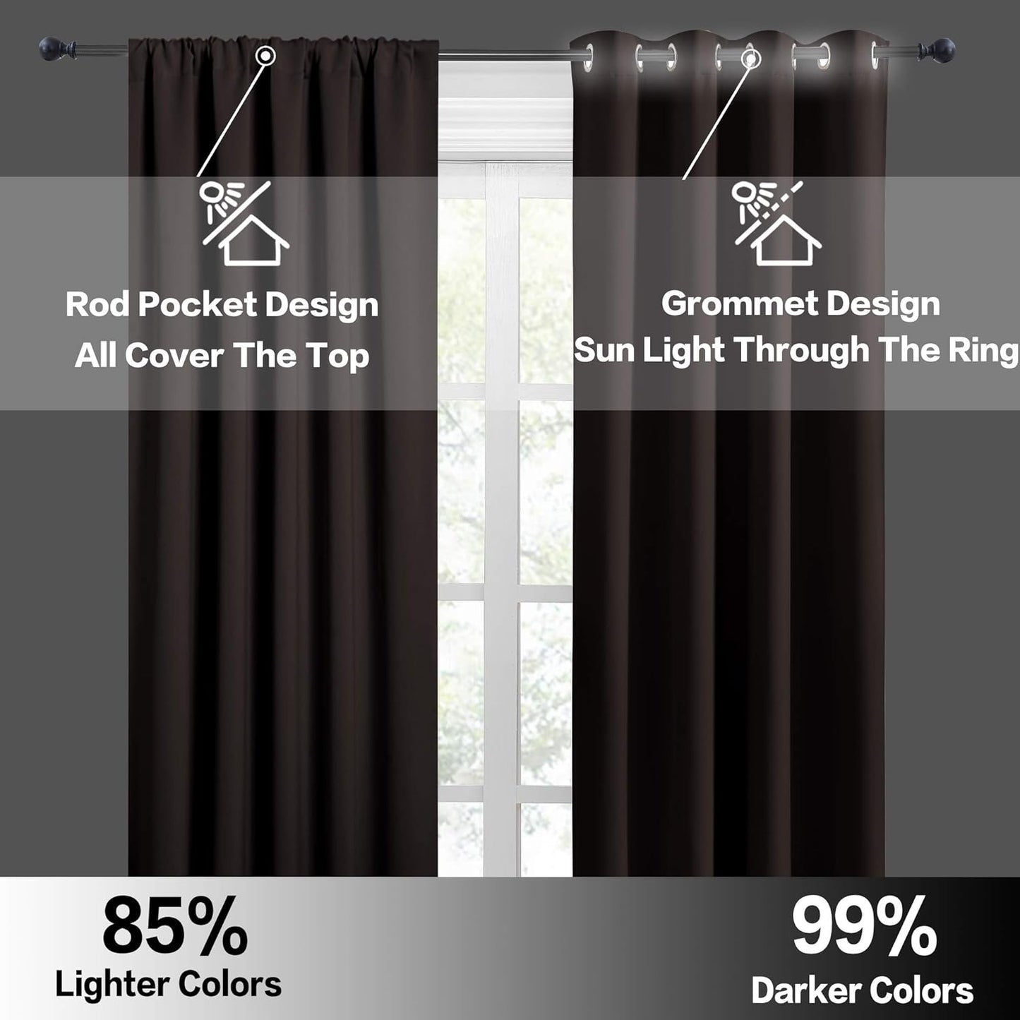 RYB HOME Bedroom Blackout Curtains - Thermal Insulated Noise Reducing Room Darkening Curtains Sunlight Shades Draperies for Nursery Bedroom Bathroom, 42 W x 45 L, Brown, Set of 2