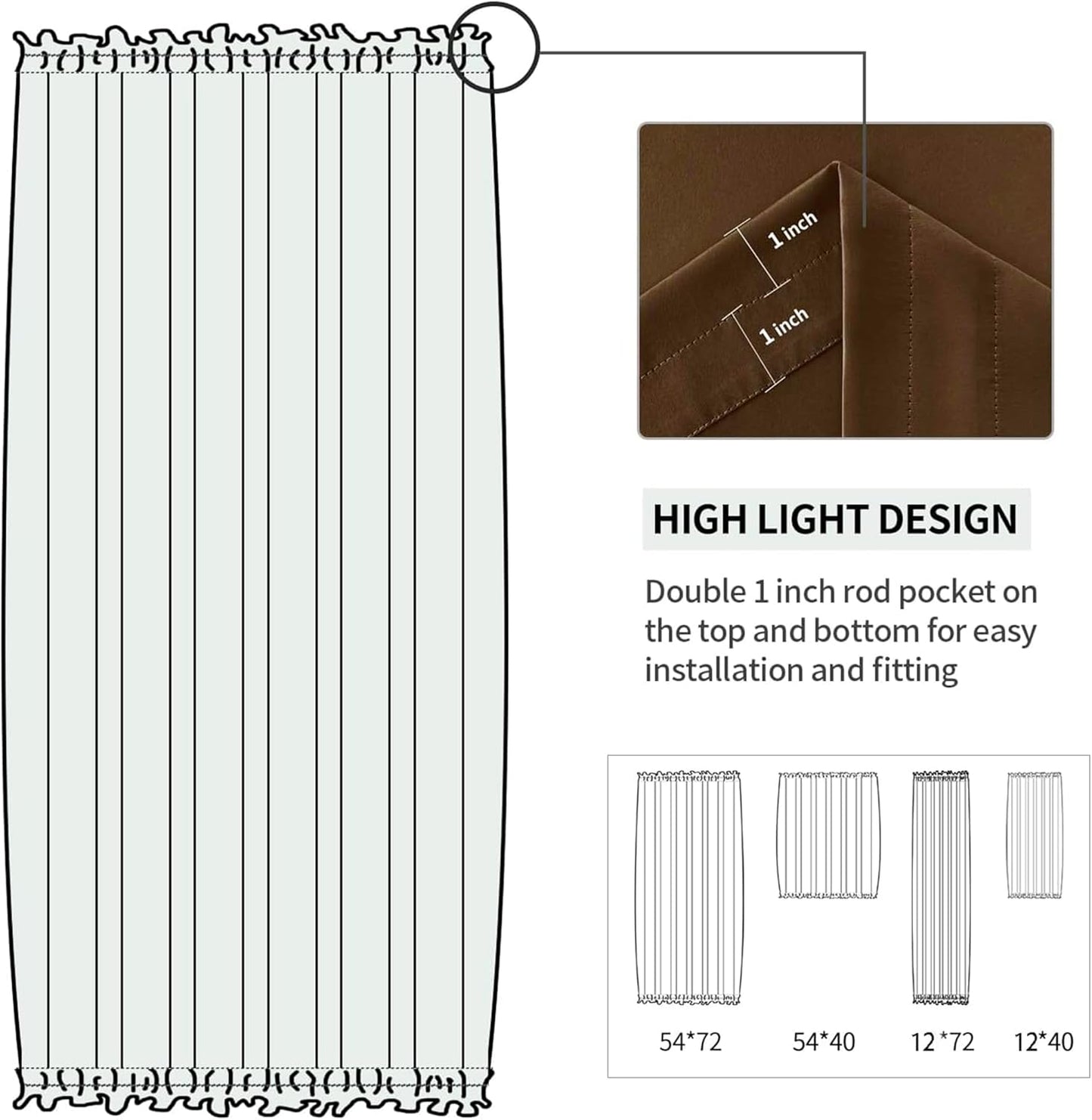 DWCN French Door Curtains – Rod Pocket Thermal Blackout Curtain for Doors with Glass Window, Kitchen and Patio Doors for Privacy, 12 X 72 Inches Long, 1 Curtain Panel with Tieback, Brown