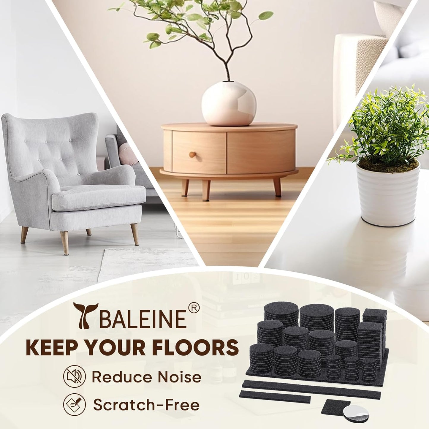 BALEINE 141PCS Felt Furniture Pads, Multi-Size Felt Pads for Chair Legs, Tables, Beds, Scratch-Reducing Floor Protectors for Hardwood Floors, Tile, Vinyl, and Laminate (141PCS, Black)