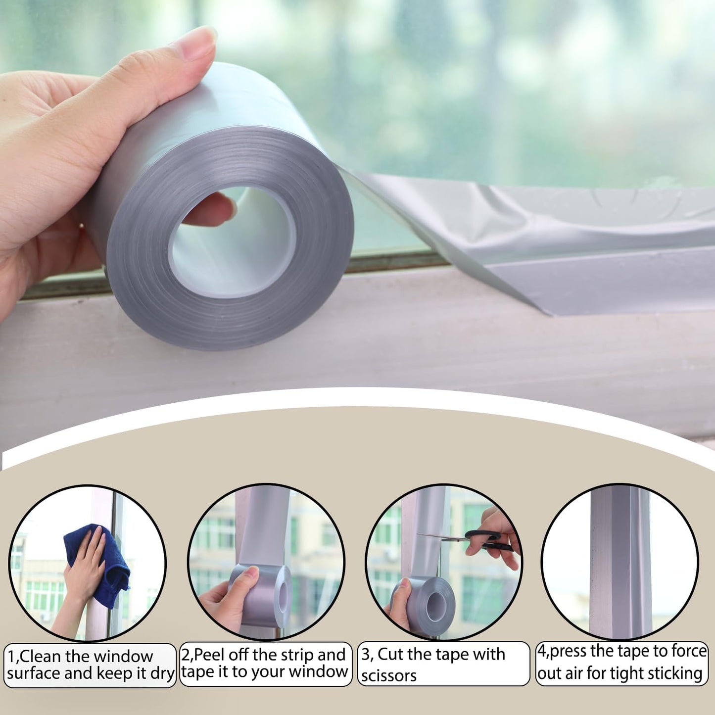 Window Insulation for Winter Weather Sealing Tape 2 Inch x 50 Yards Weather Stripping Residue Free Draft Isolation Sealing Film Tape for Shower Glass Gaps and Doors Windows Gray