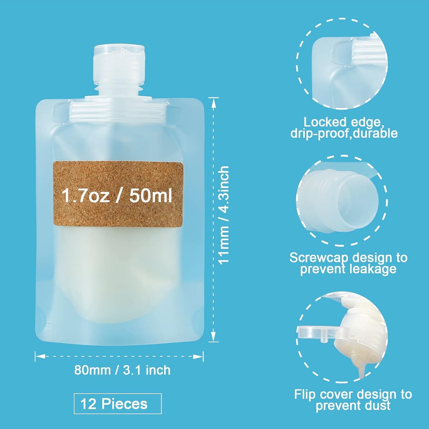 TailaiMei 12 Pieces Travel Pouches for Toiletries, TSA Approved Portable Travel Size, Refillable Stand Up Pouch for Shampoo/Conditioner/Lotion (50ml/1.7oz)