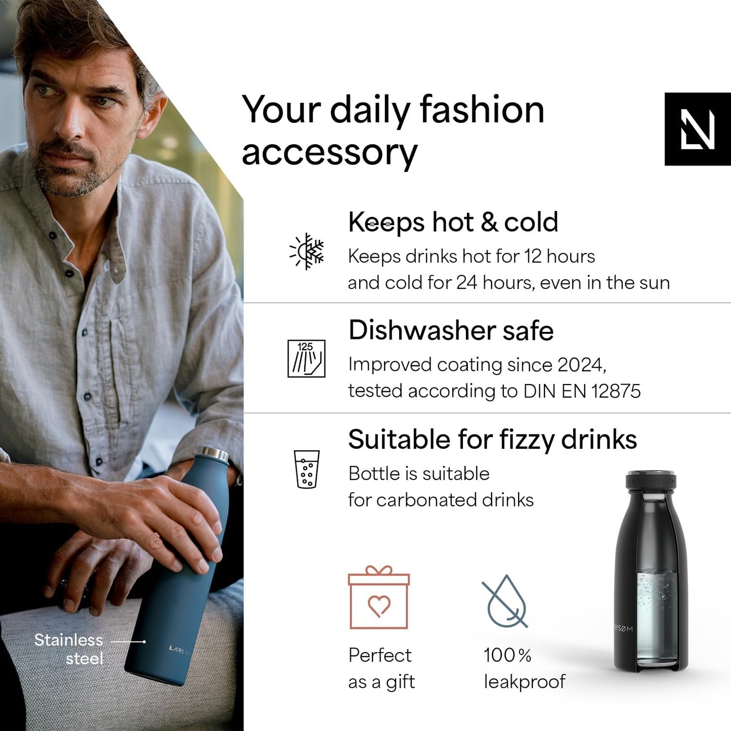 LARS NYSØM Stainless Steel Insulated Water Bottle 12oz 17oz 25oz 34oz 51oz | Insulated Thermo Flask for Hot and Cold Beverages | Leakproof Drinking Bottle (Carbon Black, 11.9oz)