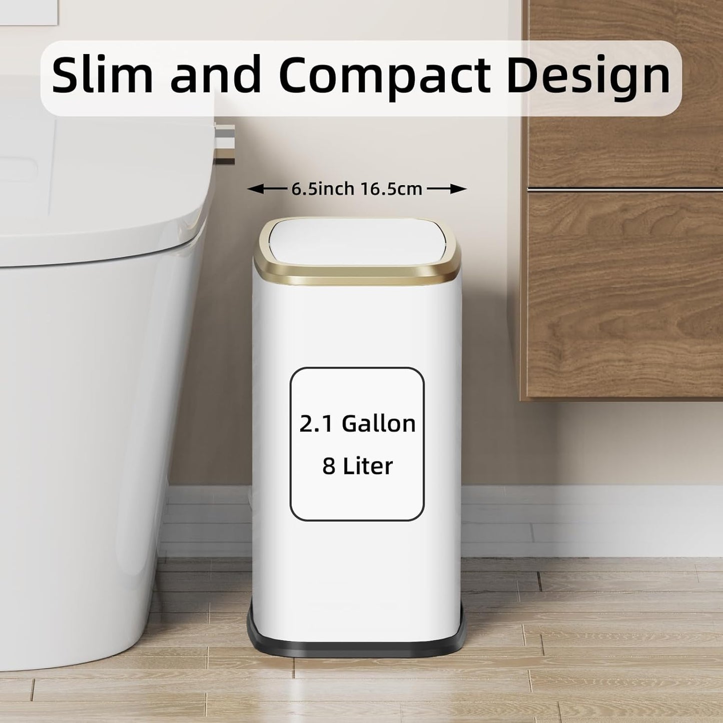 8L/2.1 Gallon Small Bathroom Trash Can with Lid, Swing-Top Rectangular Waste Bin, Stainless Steel Garbage Can for Home, Office, Toilet, Bedroom, Living-Room (White)