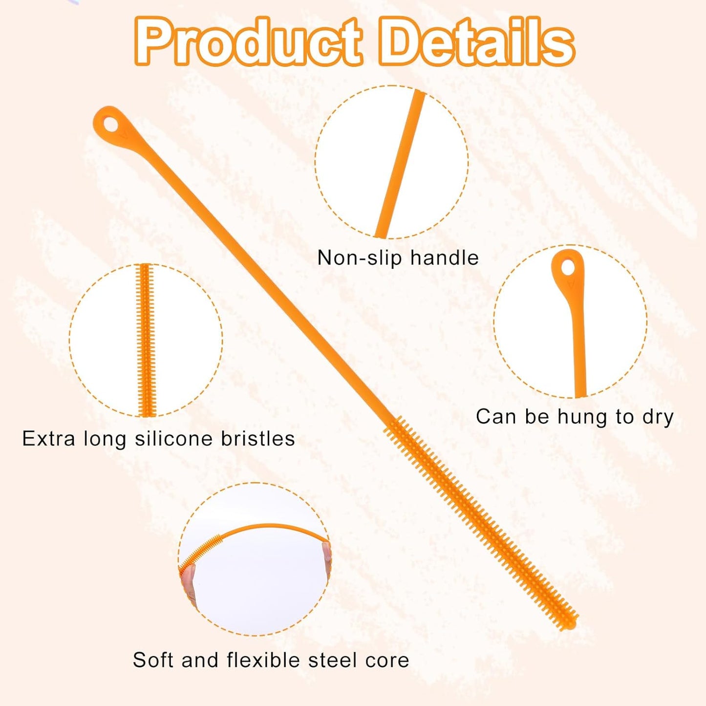 2pcs Silicone Straw Brush, 9.5in Straw Cleaner Brush Extra Long Cleaning Brushes Reusable Travel Drinking Bottle Lid Cleaning Tool for Stanley Metal Glass Straws (Orange)