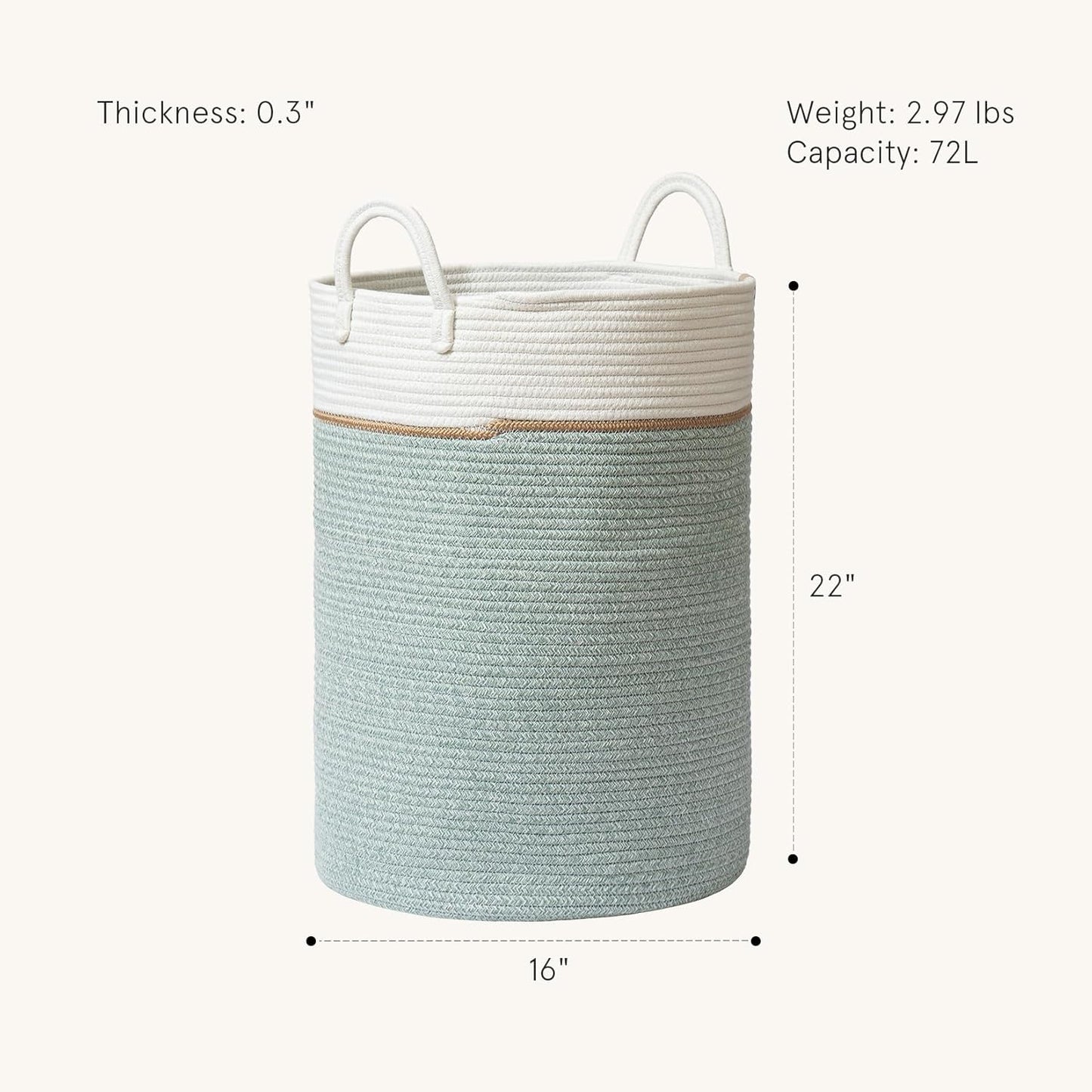 LA JOLIE MUSE Woven Basket Rope Storage Baskets - Tall Cotton Basket, Laundry Basket for Blanket, Kids Toy, Nursery Clothes Hamper Basket, Ivy Green, 72 Liter