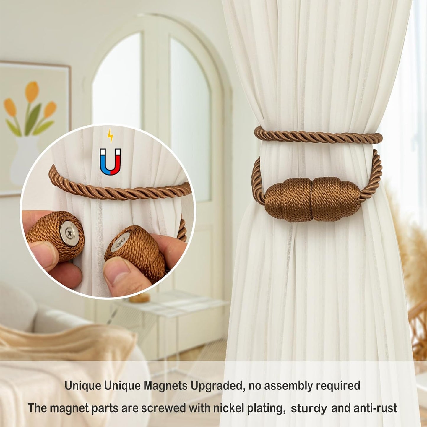 Magnetic Curtain Tiebacks Rope Curtain Tie Backs for Curtains 8 Pack Curtain Holders for Drapes Decorative Window Curtain Holdbacks, Khaki