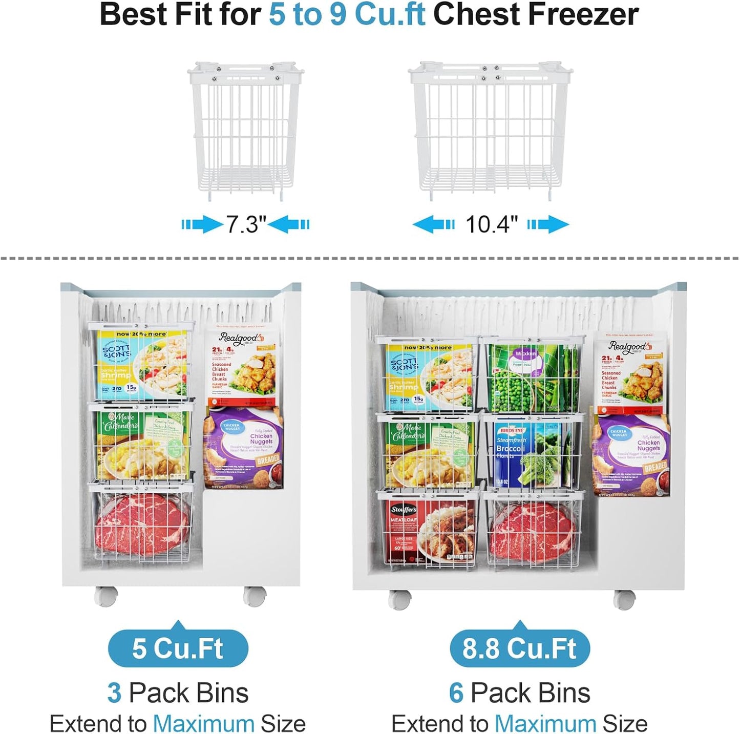iSPECLE Freezer Organizer Bins - 4 Pack Adjustable & Extra Large Chest Freezer Organizer Bins for 5 to 9 Cu.Ft Deep Freezer, Easy Organize Basket Store More, Stackable No Wasted Space, White