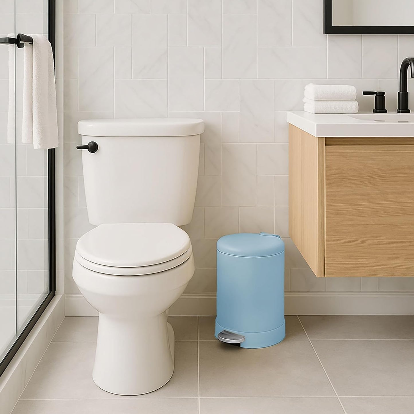 Glad Small Trash Can, 1.2 Gallon | Round Stainless Steel Garbage Bin with Soft Close Lid & Step Foot Pedal | Metal Waste Basket with Removable Inner Bucket, Blue