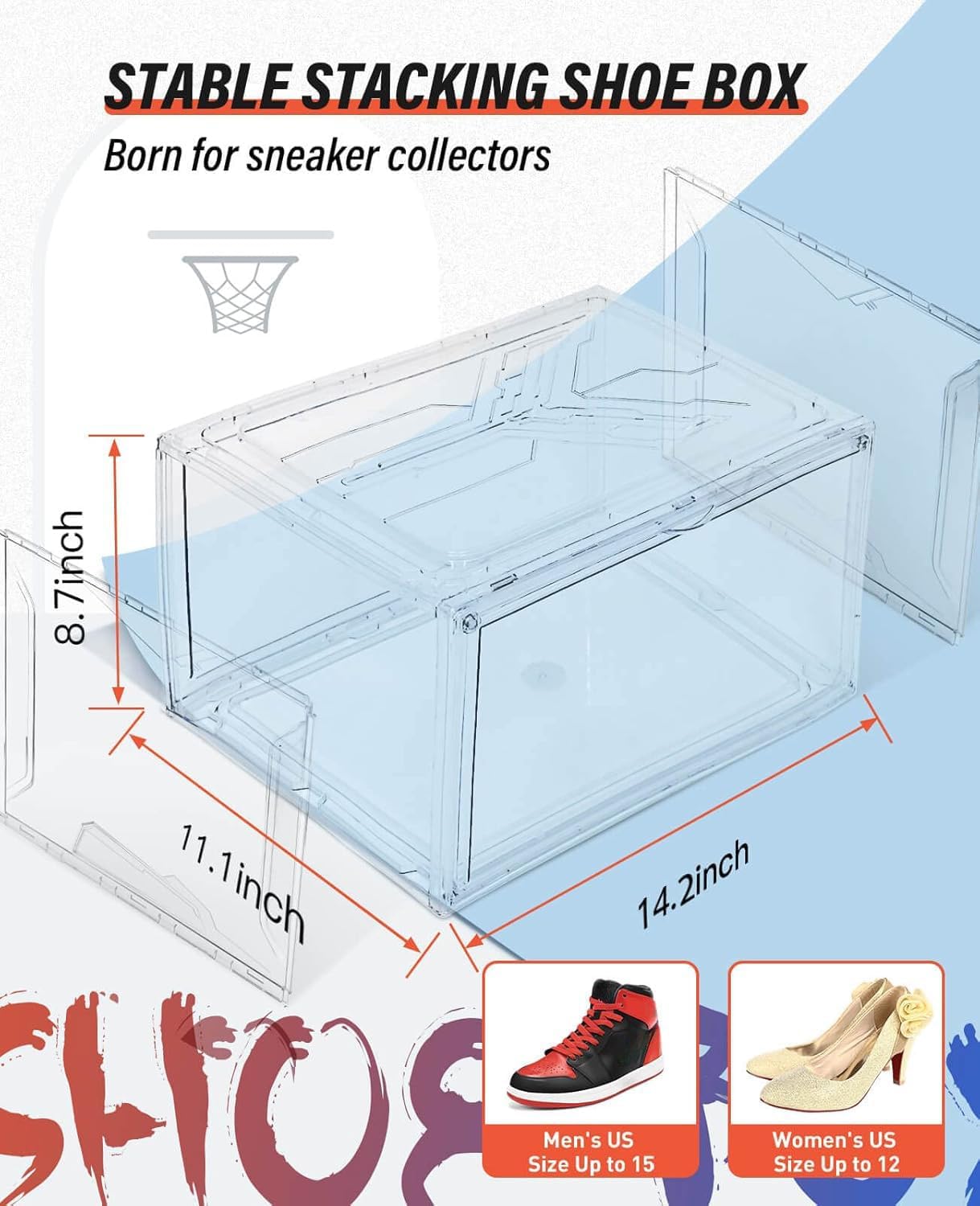 KDOR Shoe Box for sneakers，Closet,hat Clear Plastic Stackable 10 Pack Sneaker Storage Boxes with Magnetic Door, Acrylic Display Case, Strong and Sturdy Fit Shoe Size Up to US 15