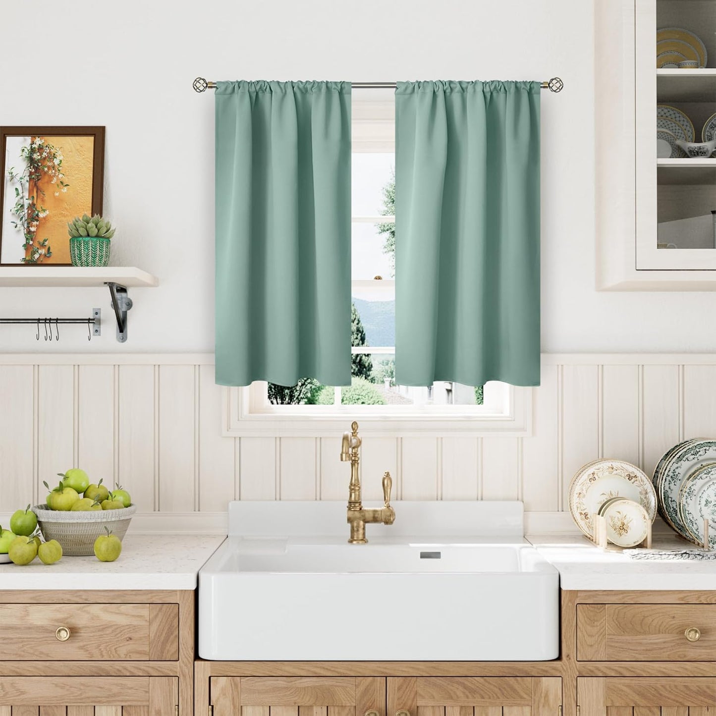 BGment Sage Green Blackout Curtains 40 Inches Long for Kitchen Cafe Window - Short Thermal Insulated Drapes with Rod Pocket Room Darkening for Bathroom, 34 x 40 Inch, 2 Panels