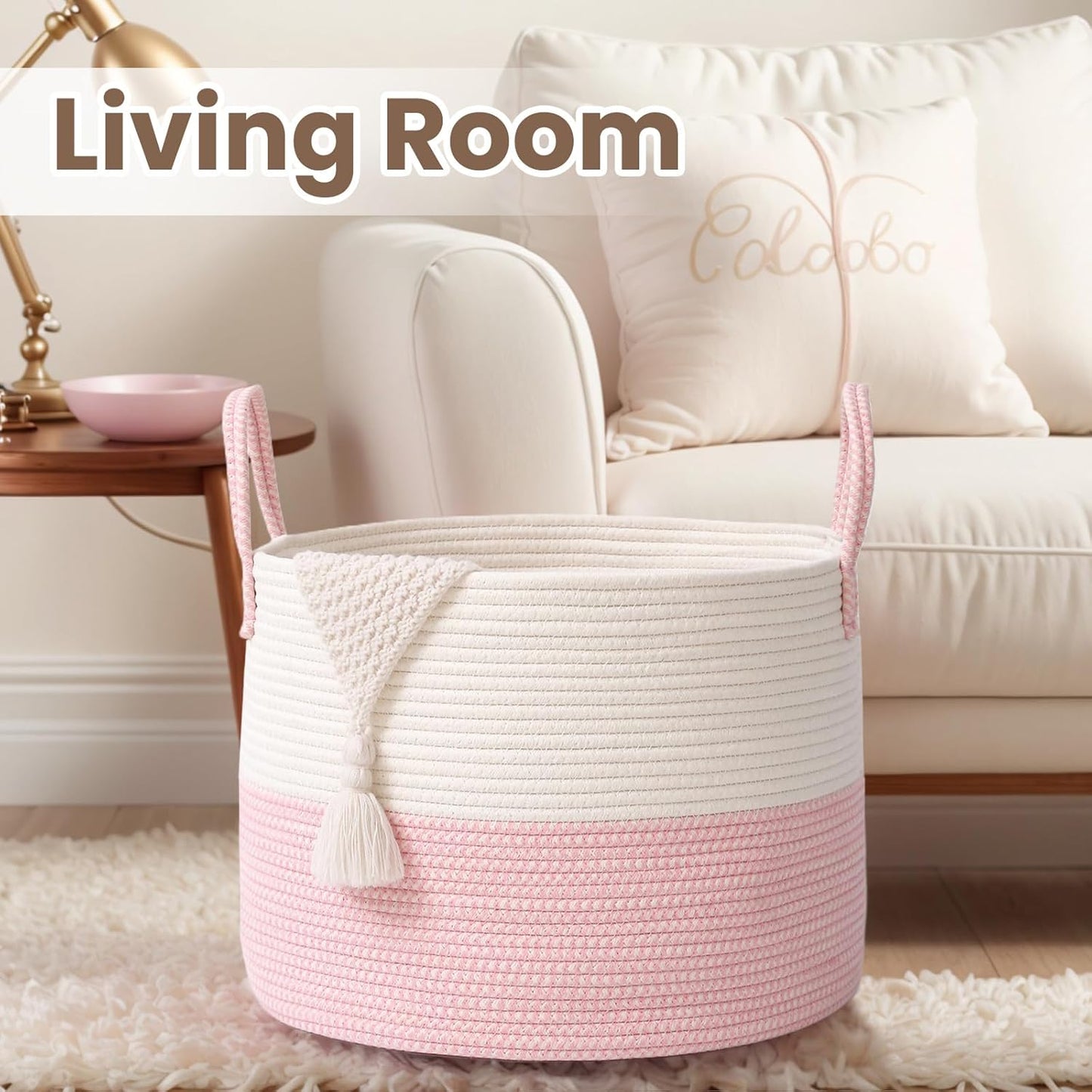 Woven Blanket Basket,65L Large Rope Storage Bin with Handles, Organizer for Blankets Toys Book and Clothes, Laundry Basket for Living Room Bedroom Nursery,White&Pink
