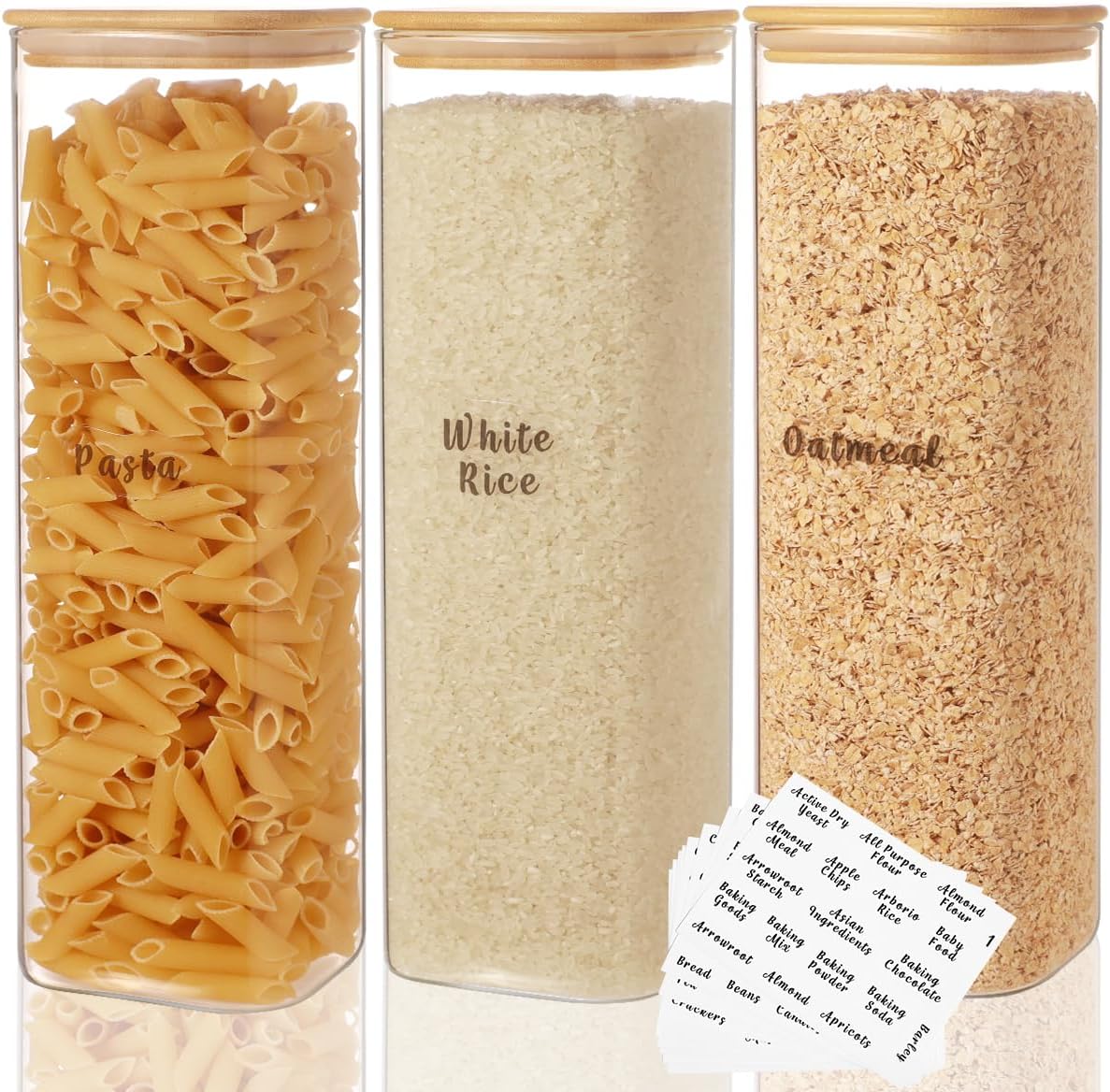 3 Pcs Square Glass Pantry Storage Containers with Bamboo Airtight Lid and 248 Clear Pantry Labels Preprinted - 74oz Thicken Glass Food Storage Jars for Coffee, Cookie, Tea, Sugar, Spice