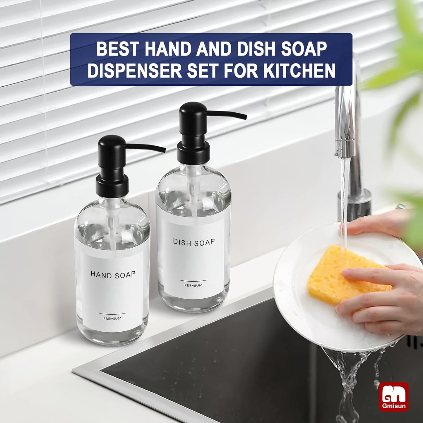 GMISUN Glass Soap Dispenser with Pump, 2 Pack Clear Bathroom Hand Soap Dispenser with Stainless Steel Pump, 17 Fl Oz Refillable Kitchen Hand and Dish Soap Dispensers Set, Modern Liquid Pump Bottles