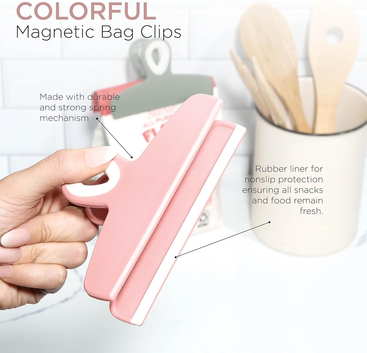 COOK WITH COLOR Bag Clips - Heavy Duty Chip Clip and Refrigerator Magnet Clips for Food Storage with Air Tight Seal Grip, Green and Pink, Pack of 8