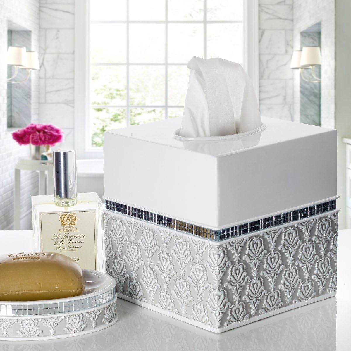 Creative Scents Mirror Damask Square Tissue Box Cover - Decorative Bathroom Tissues Paper Holder, Modern Napkins Container, Bottom Slider, for Cute Elegant Bathroom Decor (White & Gray)