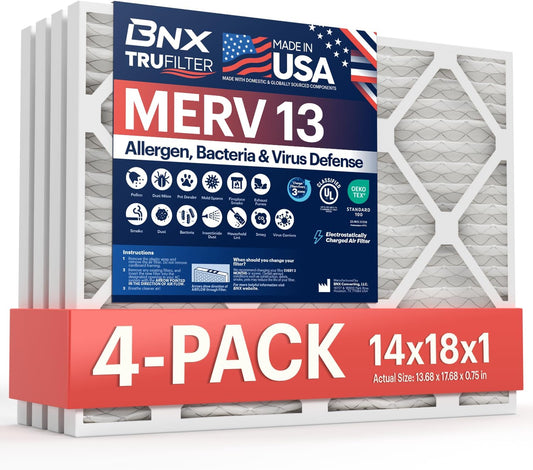 BNX TruFilter 14x18x1 MERV 13 (4-Pack) AC Furnace Air Filter - MADE IN USA - Electrostatic Pleated Air Conditioner HVAC AC Furnace Filters - Removes Pollen, Mold, Bacteria, Smoke