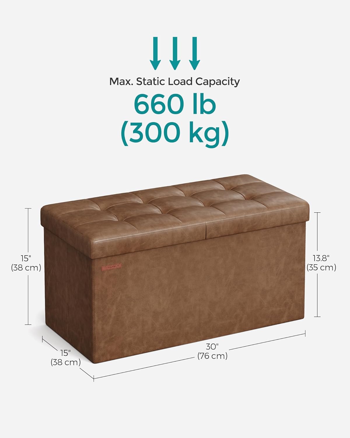SONGMICS MAZIE Collection - 30 Inches Storage Ottoman Bench with Flipping Lid, Storage Chest Footstool, Load 660 lb, for Entryway, Living Room, Bedroom, Synthetic Leather, Coffee Brown ULSF045K01