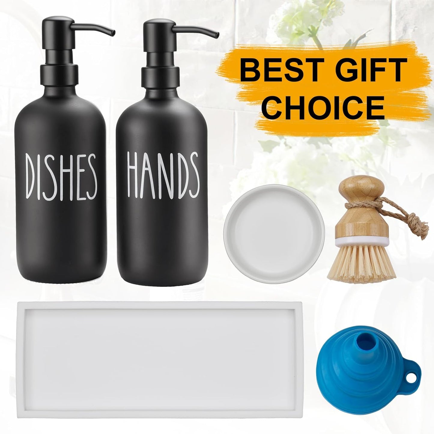 Glass Soap Dispenser for Kitchen,Farmhouse Dish &Hand Soap Dispenser Set, Rustproof Pump with Tray and Dish Brush,Kitchen Decor（Black）